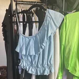 Light Blue Ruffled One-Shoulder Top
